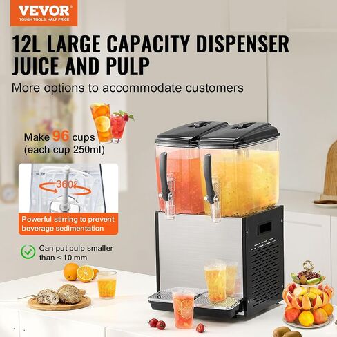 VEVOR Commercial Beverage Dispenser, 4 Tanks 12 L / 12.7 QT Per Tank Juice Dispenser, 510W Stainless Steel Ice Tea Drink Machine with 45°F-54°F Cooling Temperature, for Cold Drink Restaurant Bar Party in Saudi Arabia