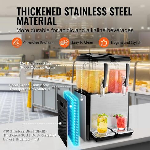 VEVOR Commercial Beverage Dispenser, 4 Tanks 12 L / 12.7 QT Per Tank Juice Dispenser, 510W Stainless Steel Ice Tea Drink Machine with 45°F-54°F Cooling Temperature, for Cold Drink Restaurant Bar Party in Saudi Arabia