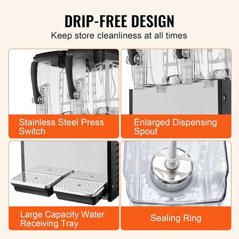 VEVOR Commercial Beverage Dispenser, 4 Tanks 12 L / 12.7 QT Per Tank Juice Dispenser, 510W Stainless Steel Ice Tea Drink Machine with 45°F-54°F Cooling Temperature, for Cold Drink Restaurant Bar Party in Saudi Arabia