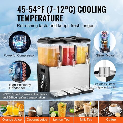 VEVOR Commercial Beverage Dispenser, 4 Tanks 12 L / 12.7 QT Per Tank Juice Dispenser, 510W Stainless Steel Ice Tea Drink Machine with 45°F-54°F Cooling Temperature, for Cold Drink Restaurant Bar Party in Saudi Arabia
