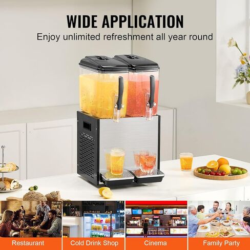 VEVOR Commercial Beverage Dispenser, 4 Tanks 12 L / 12.7 QT Per Tank Juice Dispenser, 510W Stainless Steel Ice Tea Drink Machine with 45°F-54°F Cooling Temperature, for Cold Drink Restaurant Bar Party in Saudi Arabia