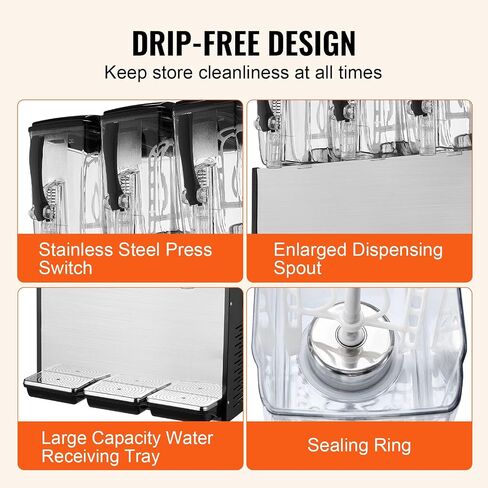 VEVOR Commercial Beverage Dispenser, 4 Tanks 12 L / 12.7 QT Per Tank Juice Dispenser, 510W Stainless Steel Ice Tea Drink Machine with 45°F-54°F Cooling Temperature, for Cold Drink Restaurant Bar Party in Saudi Arabia