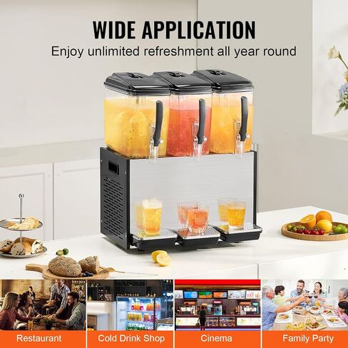 VEVOR Commercial Beverage Dispenser, 4 Tanks 12 L / 12.7 QT Per Tank Juice Dispenser, 510W Stainless Steel Ice Tea Drink Machine with 45°F-54°F Cooling Temperature, for Cold Drink Restaurant Bar Party in Saudi Arabia