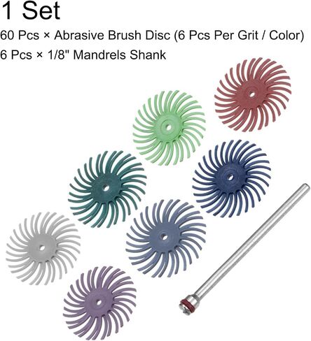 HARFINGTON 60pcs Radial Bristle Disc Set 1" 80-1000 Grit Detail Abrasive Brush Kit Gap Polishing Wheel Assortment with 6pcs 1/8" Shank Mandrels for Jewelry Wood Metal Polishing Cleaning in Saudi Arabia