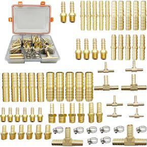 69 pcs Brass Hose Barb Fittings Assortment Kits 1/8" 3/16" 1/4" 5/16" 3/8" 1/2" Barb Splicer & Barb To Male Coupler & Tee