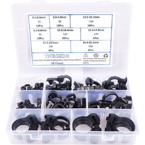 8 Size Heavy Duty Ratcheting Hose Clamp 6.1-26.1mm Adjustable Speedy Double Snap Grip Nylon Plastic Hose Clamp 68PCS (Black)