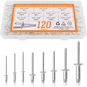 Premium Pop Rivet Assortment Kit, 120pcs Aluminum Rivets, 1/8", 3/16", 1/4" Rivets for DIY, Home Repair, Automotive
