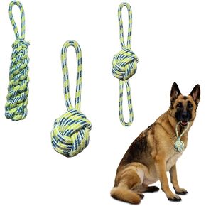 [3 Pack] Tri-Pull Dog Tug Rope Toys Bundle for Small Medium and Large Dogs, Natural Cotton Teething Interactive Stimulation Thick Chew Toy with Treat Dispensing Ball for Aggressive Chewers