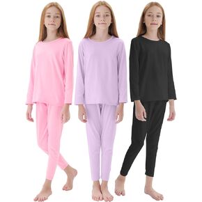 Resinta 3 Set Girls Thermal Underwear Set Soft Winter Thermal Top and Bottom with Fleece Lined Base Layer Long Johns for Kids