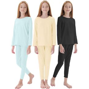 Resinta 3 Set Girls Thermal Underwear Set Soft Winter Thermal Top and Bottom with Fleece Lined Base Layer Long Johns for Kids