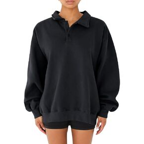 Cioatin Women Oversize Fleece Button Up Collar Polo Neck Sweatshirt Top Loose Drop Shoulder Hoodie Pullover Fall Outfits