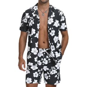 CRYSULLY Men's 2 Piece Outfits Summer Beach Short Sleeve Shirts and Shorts Button Down Hawaiian Printed Sets with Pockets