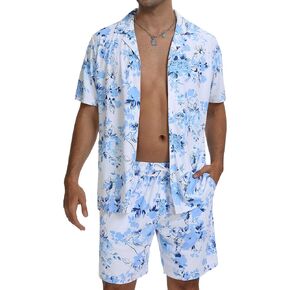 CRYSULLY Men's 2 Piece Outfits Summer Beach Short Sleeve Shirts and Shorts Button Down Hawaiian Printed Sets with Pockets in Saudi Arabia