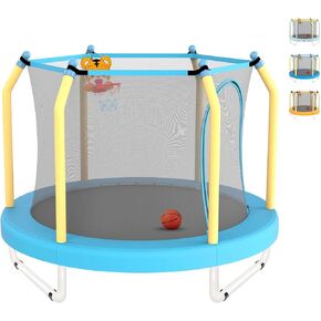 ترامبولين مقاس 55 بوصة للأطفال مع طوق كرة السلة، ترامبولين للأطفال الصغار مع شبكة، ترامبولين للأطفال بطول 4.5 أقدام للاستخدام الداخلي والخارجي، سحاب مزدوج الجوانب ووسادة قفز آمنة in Kuwait