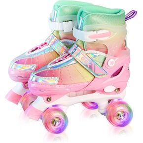 Girls Roller Skates for Kids Beginners Ages 5-12, Pink Purple Rainbow Adjustable Quad Rollerskates for Youth with All Light up Wheels Skating Shoes for Outdoor Sports