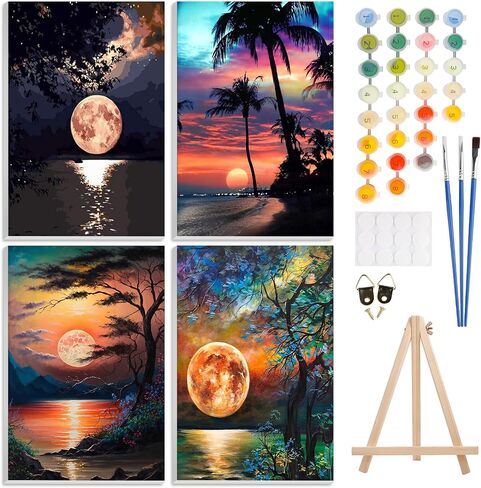 4 Pack Paint by Number Kit for Adults Framed Canvas, DIY Adult Paint by Number Kits with Easel, Acrylic Easy Paint by Numbers for Beginners, Window Landscapes Arts and Crafts for Home Decor 8x12inch in Saudi Arabia