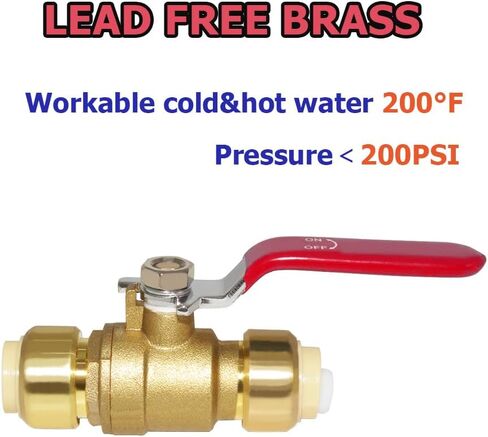 Hooshing 1/2 Inch Push-Fit Full Port Ball Valve Shut Off Water Valve Push-to-Connect, PEX, Copper, CPVC, PE-RT, Soild Brass in Saudi Arabia