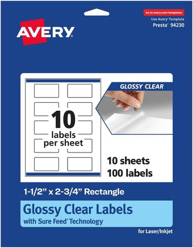 ملصقات مستطيلة شفافة لامعة من Avery مع تغذية مؤكدة، 1.5 بوصة × 2.75 بوصة، 50 ملصقًا شفافًا لامعًا، طباعة إلى الحافة، ملصقات قابلة للطباعة بالليزر/نفث الحبر in Saudi Arabia