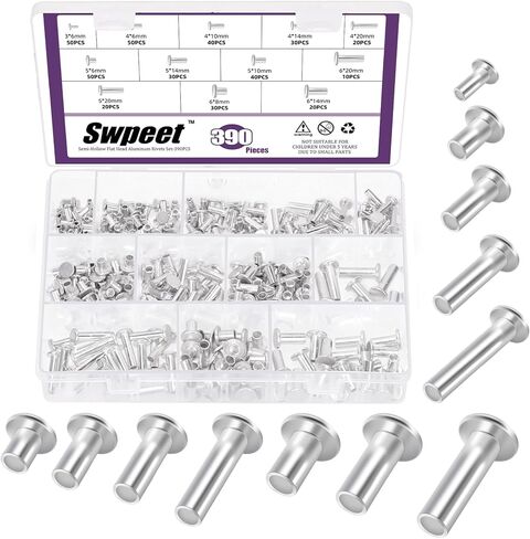 Swpeet 390 قطعة 12 مقاس M3 M4 M5 M6 مجموعة متنوعة من المسامير شبه الأنبوبية ذات الرأس المسطح من الألومنيوم، مسامير نصف أنبوبية مستديرة الرأس باللون الفضي للإصلاحات اليدوية والديكور in Saudi Arabia