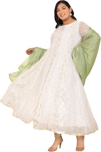 Indian Women's Plus Size White Chiffon Lurex Foil Printed Kurta with Palazzo and Dupatta in Saudi Arabia