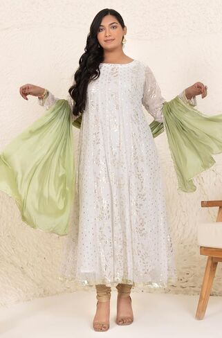 Indian Women's Plus Size White Chiffon Lurex Foil Printed Kurta with Palazzo and Dupatta in Saudi Arabia
