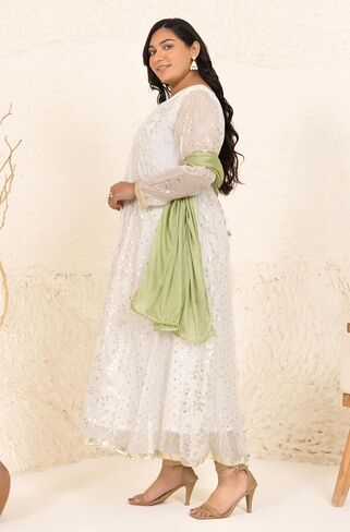Indian Women's Plus Size White Chiffon Lurex Foil Printed Kurta with Palazzo and Dupatta in Saudi Arabia
