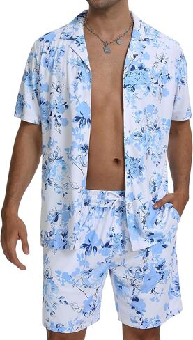 CRYSULLY Men's 2 Piece Outfits Summer Beach Short Sleeve Shirts and Shorts Button Down Hawaiian Printed Sets with Pockets in Kuwait