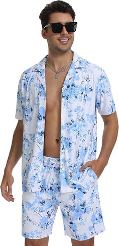CRYSULLY Men's 2 Piece Outfits Summer Beach Short Sleeve Shirts and Shorts Button Down Hawaiian Printed Sets with Pockets in Kuwait