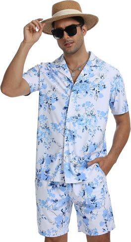CRYSULLY Men's 2 Piece Outfits Summer Beach Short Sleeve Shirts and Shorts Button Down Hawaiian Printed Sets with Pockets in Kuwait