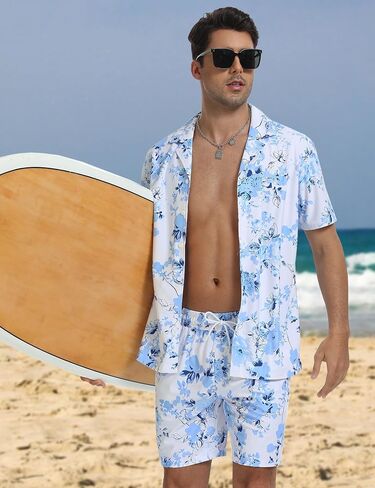CRYSULLY Men's 2 Piece Outfits Summer Beach Short Sleeve Shirts and Shorts Button Down Hawaiian Printed Sets with Pockets in Kuwait