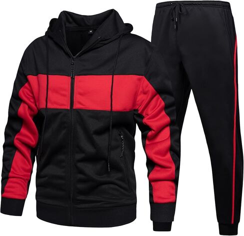 Men's Hooded Athletic Tracksuit Sweatsuit Long Sleeve Full-Zip Jogging Sweatpants 2 Piece Patchwork Sportsuits in Kuwait