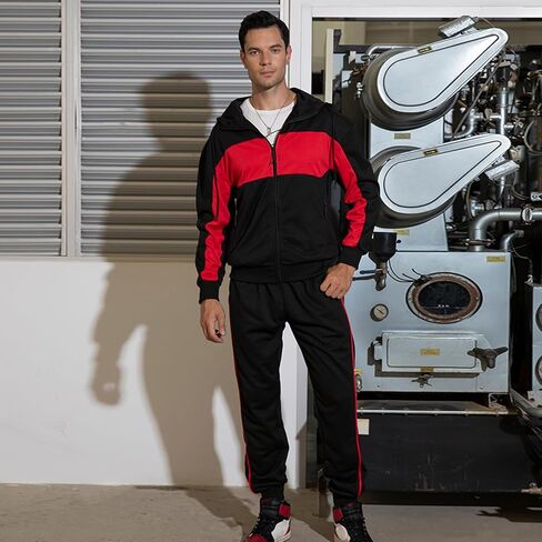 Men's Hooded Athletic Tracksuit Sweatsuit Long Sleeve Full-Zip Jogging Sweatpants 2 Piece Patchwork Sportsuits in Kuwait