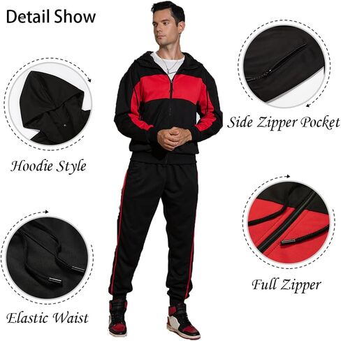 Men's Hooded Athletic Tracksuit Sweatsuit Long Sleeve Full-Zip Jogging Sweatpants 2 Piece Patchwork Sportsuits in Kuwait