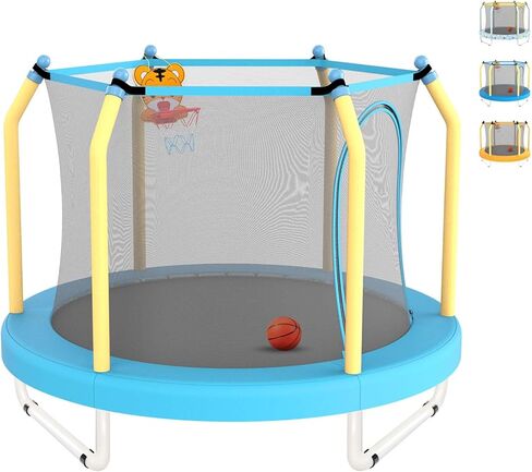 ترامبولين مقاس 55 بوصة للأطفال مع طوق كرة السلة، ترامبولين للأطفال الصغار مع شبكة، ترامبولين للأطفال بطول 4.5 أقدام للاستخدام الداخلي والخارجي، سحاب مزدوج الجوانب ووسادة قفز آمنة in Kuwait