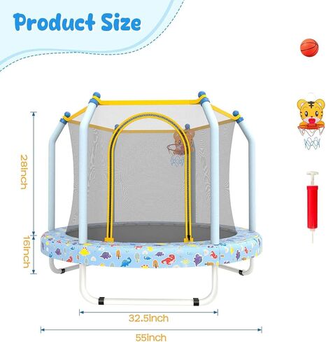 55" Trampoline for Kids with Basketball Hoop, Toddler Trampoline with Net, 4.5 FT Kids Trampoline Indoor & Outdoor, Double-Sided Zipper and Safety Jumping Pad in Saudi Arabia