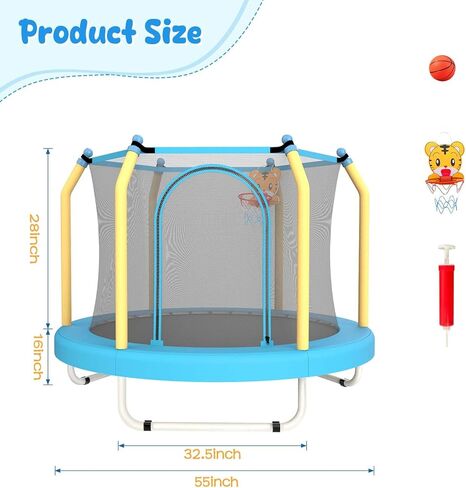 ترامبولين مقاس 55 بوصة للأطفال مع طوق كرة السلة، ترامبولين للأطفال الصغار مع شبكة، ترامبولين للأطفال بطول 4.5 أقدام للاستخدام الداخلي والخارجي، سحاب مزدوج الجوانب ووسادة قفز آمنة in Kuwait