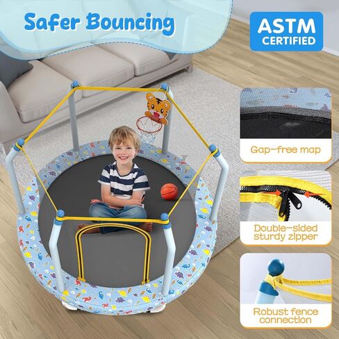 55" Trampoline for Kids with Basketball Hoop, Toddler Trampoline with Net, 4.5 FT Kids Trampoline Indoor & Outdoor, Double-Sided Zipper and Safety Jumping Pad in Saudi Arabia
