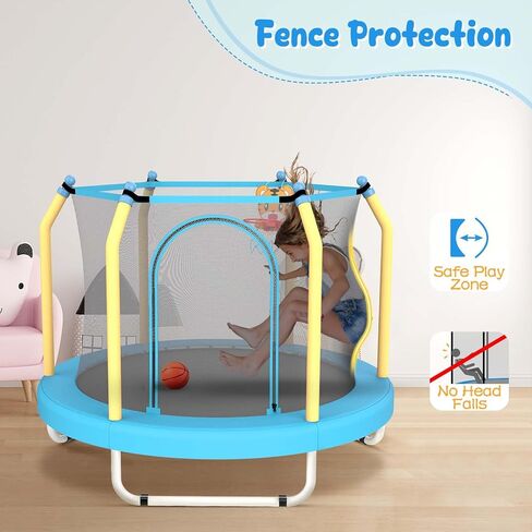 ترامبولين مقاس 55 بوصة للأطفال مع طوق كرة السلة، ترامبولين للأطفال الصغار مع شبكة، ترامبولين للأطفال بطول 4.5 أقدام للاستخدام الداخلي والخارجي، سحاب مزدوج الجوانب ووسادة قفز آمنة in Kuwait
