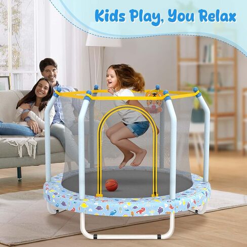 55" Trampoline for Kids with Basketball Hoop, Toddler Trampoline with Net, 4.5 FT Kids Trampoline Indoor & Outdoor, Double-Sided Zipper and Safety Jumping Pad in Saudi Arabia