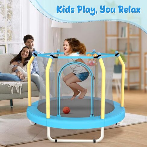 ترامبولين مقاس 55 بوصة للأطفال مع طوق كرة السلة، ترامبولين للأطفال الصغار مع شبكة، ترامبولين للأطفال بطول 4.5 أقدام للاستخدام الداخلي والخارجي، سحاب مزدوج الجوانب ووسادة قفز آمنة in Kuwait