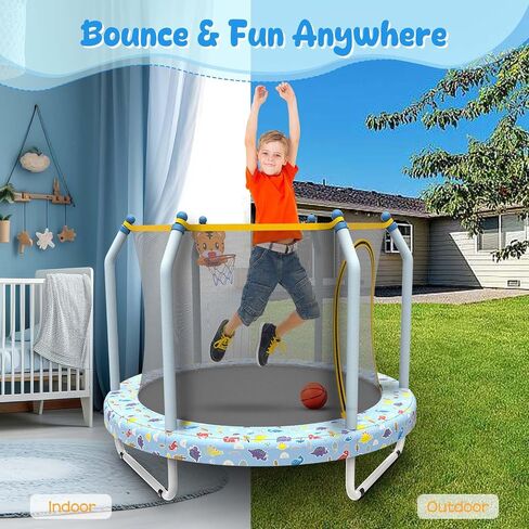 55" Trampoline for Kids with Basketball Hoop, Toddler Trampoline with Net, 4.5 FT Kids Trampoline Indoor & Outdoor, Double-Sided Zipper and Safety Jumping Pad in Saudi Arabia