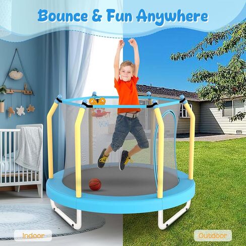 ترامبولين مقاس 55 بوصة للأطفال مع طوق كرة السلة، ترامبولين للأطفال الصغار مع شبكة، ترامبولين للأطفال بطول 4.5 أقدام للاستخدام الداخلي والخارجي، سحاب مزدوج الجوانب ووسادة قفز آمنة in Kuwait