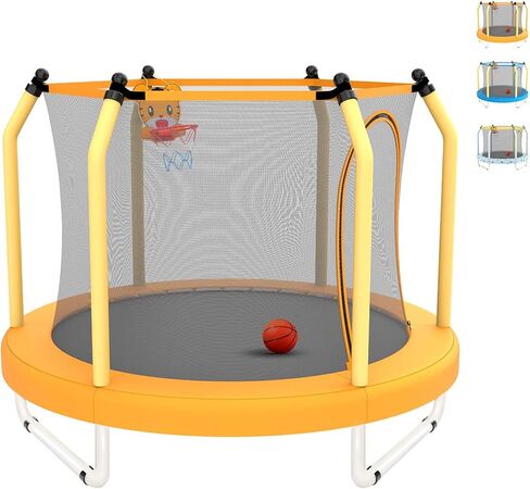 55" Trampoline for Kids with Basketball Hoop, Toddler Trampoline with Net, 4.5 FT Kids Trampoline Indoor & Outdoor, Double-Sided Zipper and Safety Jumping Pad in Saudi Arabia