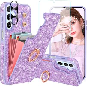 for Samsung Galaxy A15 5G Case Wallet with [Screen Protector + Camera Lens Protector] [RFID Blocking Card Holder & 360°Ring Stand] Bling Flip Shockproof Samsung A15 Phone Case Cover,Rose Gold