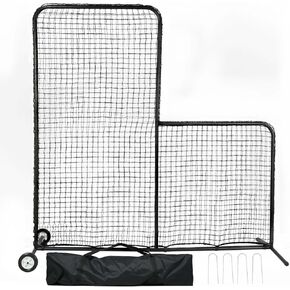 L-Screen Baseball & Softball Pitching Screen 7x7FT, Portable Protective Screen with Rubber Wheels, Double Layer Pitching net for Batting Cage, Pitcher Safety Screen, Includes Carry Bag