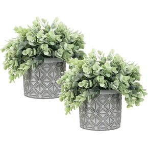 MyGift Artificial Potted Eucalyptus Boxwood Plant Faux Greenery in Modern Geometric Embossed Pattern Concrete Planter Pot