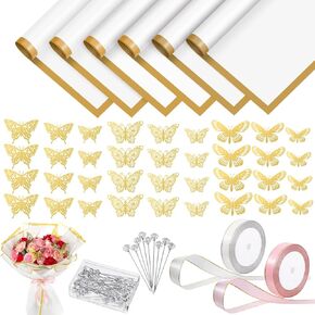 30 Sheets Flower Bouquet Wrapping Paper Waterproof Floral Packaging Paper with 36 Gold Butterfly 50 Flower Pins 2 Rolls Ribbon for Wedding Mother's Day Graduation Birthday Gift DIY Crafts