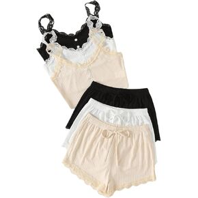 SOLY HUX Women's Lace Trim Pajama Set 6 Piece Button Camisole and Shorts Lounge Set Sleepwear