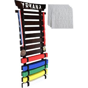 12 or 15 Belt Taekwondo Belt Display Rack with Stickers, Pine Wood, Walnut color (15 Belt)