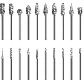 Carbide Burr Set Double Cut Rotary Burr Set 1/8" Shank 20PCS Tungsten Steel for Metal and Wood Carving, Polishing, Engraving, Drilling in Sturdy Round Case.